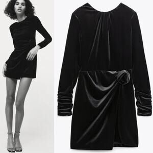NWT Zara Black Flower Velvet Ruched Side Faux Wrap Draped Mini Dress Size S